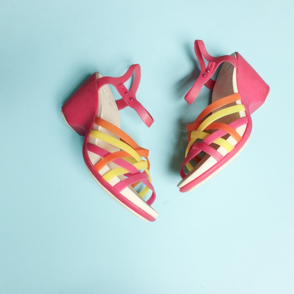 Crocs Huarache Pink Yellow Jelly Wedge Criss Cross Heels Womens 7 Retro Y2K 2000 - Picture 2 of 7